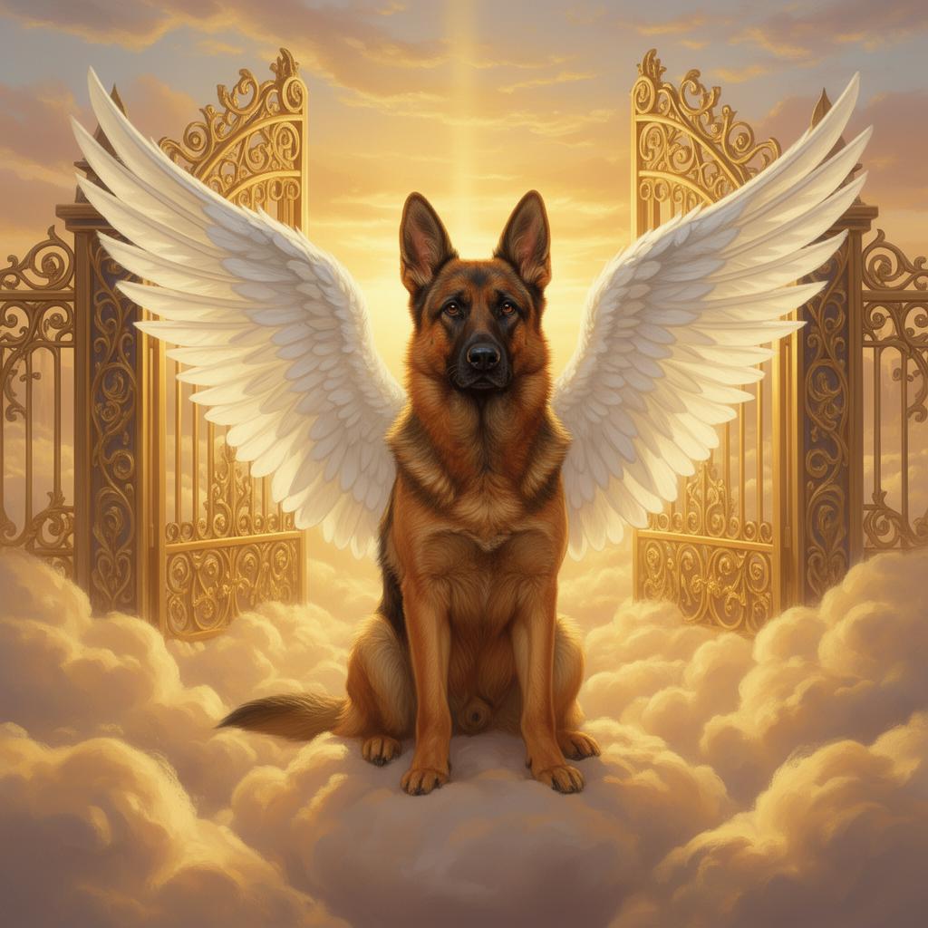 Laika's friend — a guardian shepherd at the gates of heaven, with angel wings